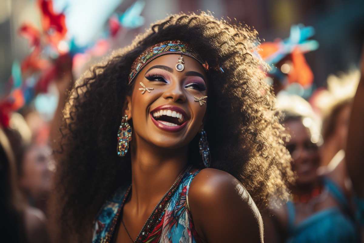 Mulher jovem sorrindo enquanto aproveita um bloco de rua de Carnaval.
